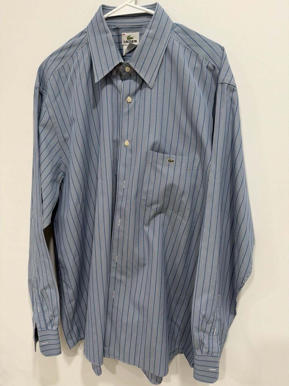 Lacoste Men's Long Sleeve Button-Down Dress Shirt in Blue and White Stripe